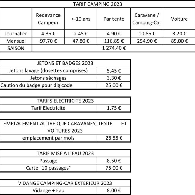 tarif Camping 2023
